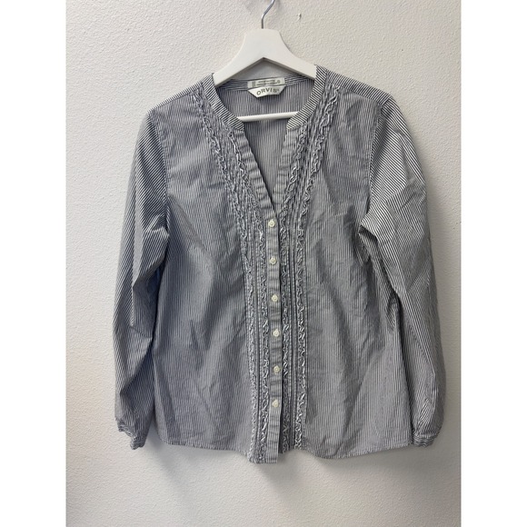 Orvis Tops - Orvis Pinstripe Ruffle Trim Button Up‎ Blouse Navy Blue White 12 Coastal Grandma